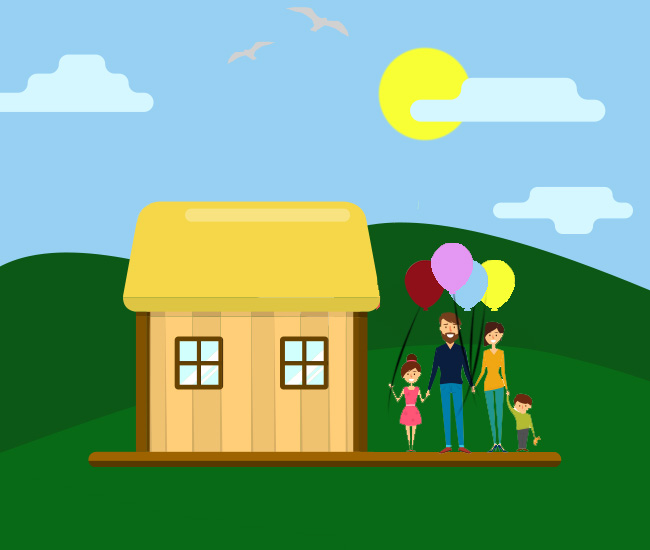 Family holding balloons outside their new home